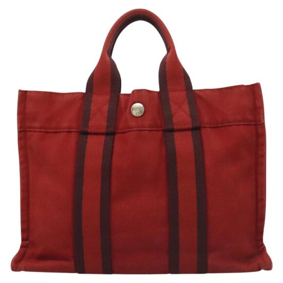 HERMES Fourre Tout PM Hand Bag Canvas Red Navy Auth bs27030 - Picture 1 of 16
